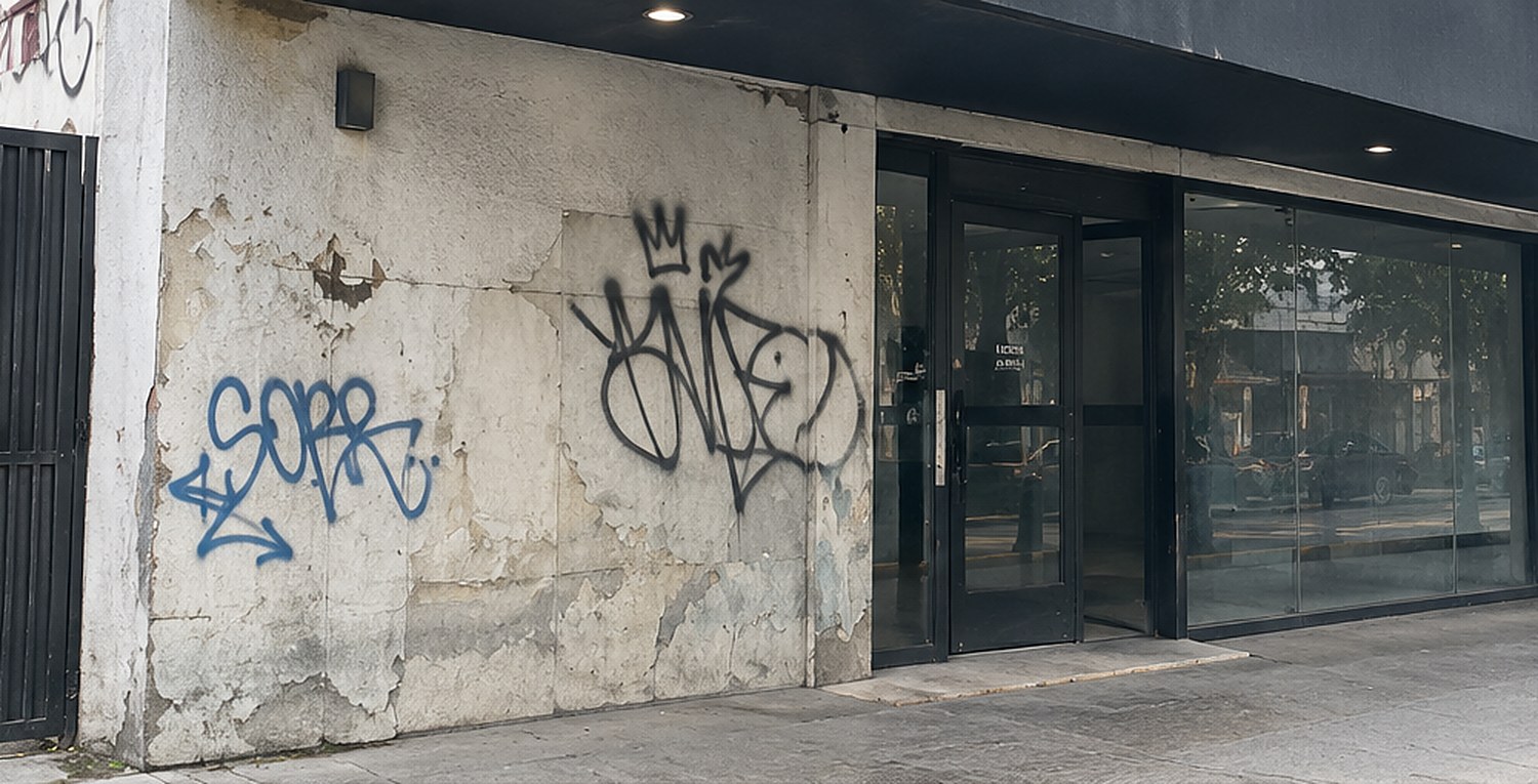 Fachada con pintura descarapelada, manchada y con grafiti